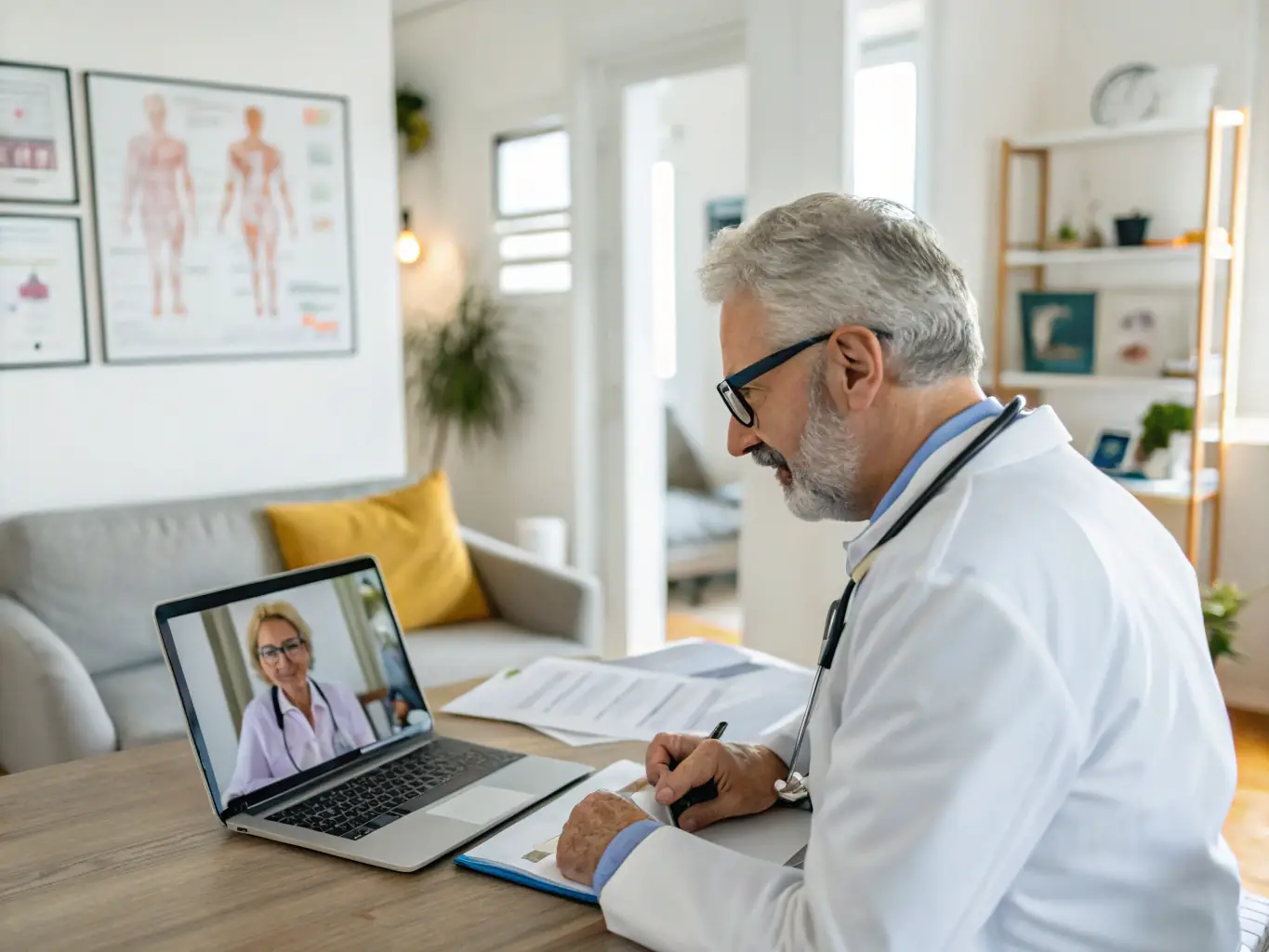 A cardiologist reviewing an EKG reading with a patient in a well-lit examination room.