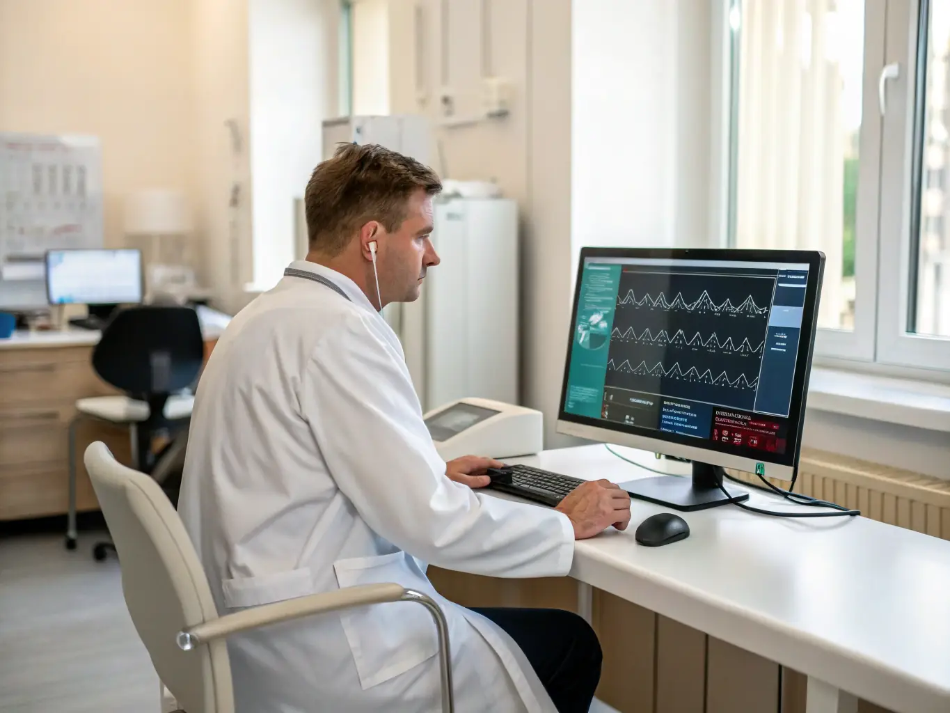 A cardiologist examining an EKG readout, highlighting the hospital's expertise in diagnosing and treating heart conditions.