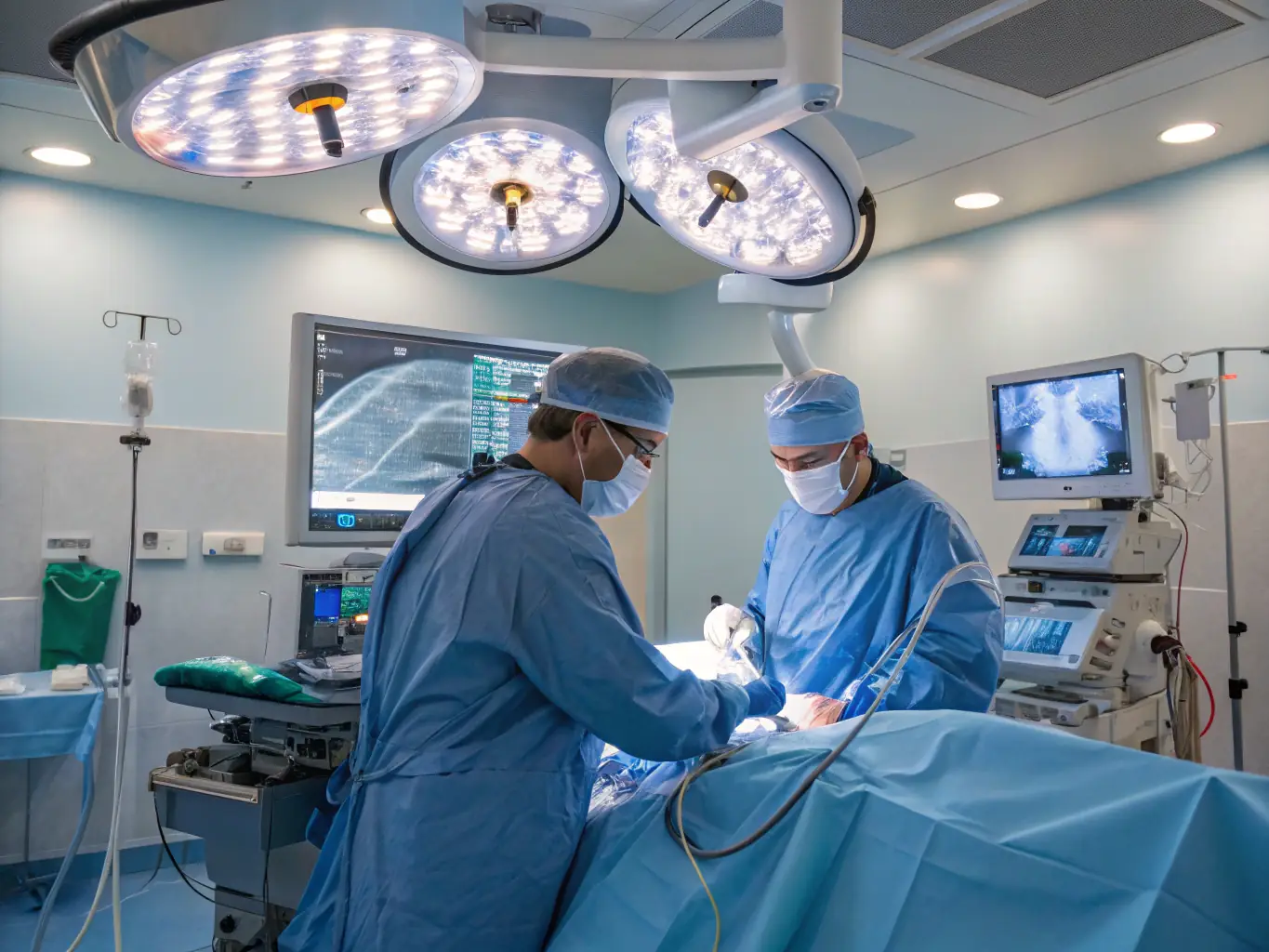 A surgeon in sterile surgical clothing performing a minimally invasive procedure in a modern operating room with advanced equipment.