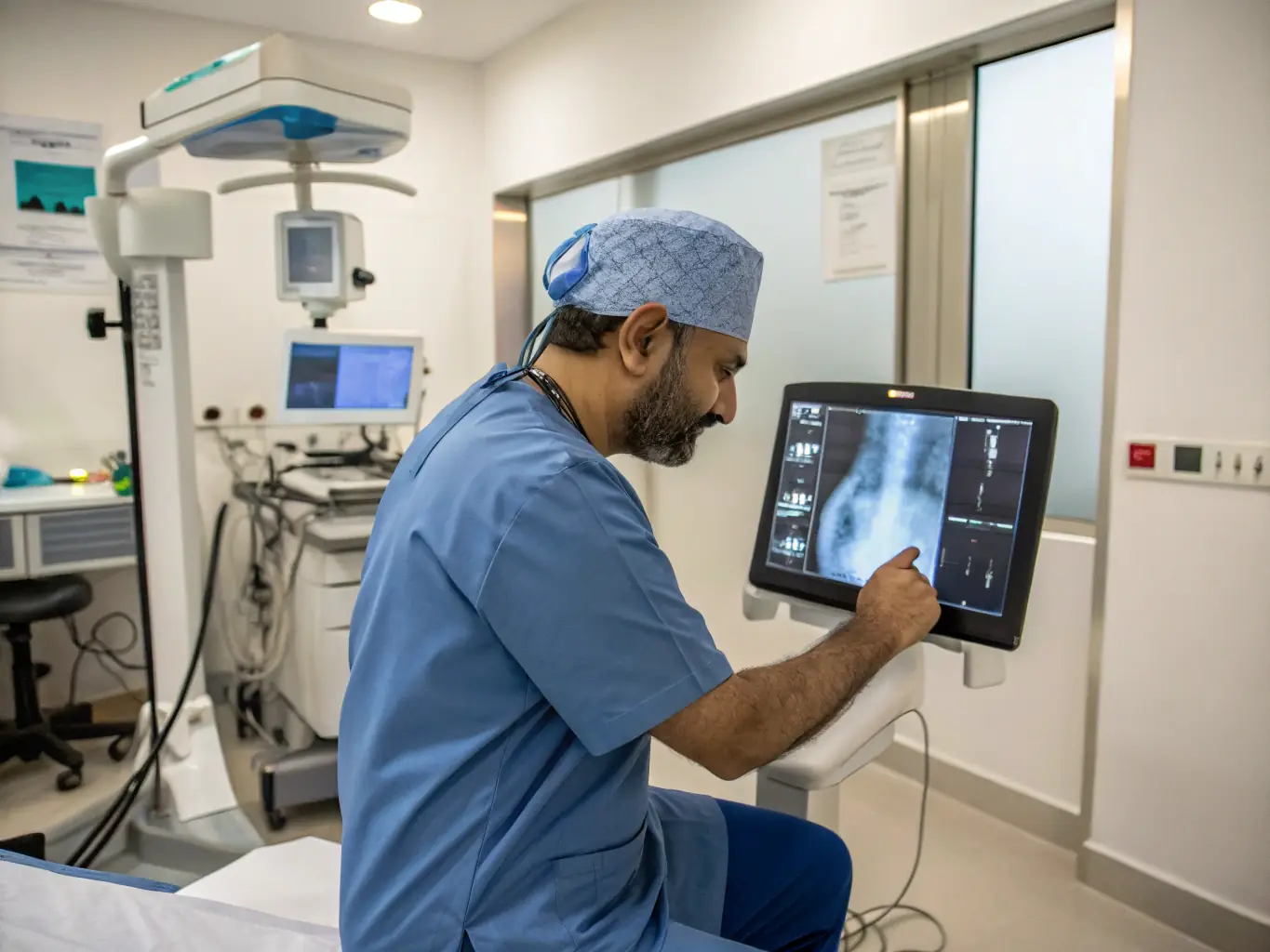 An orthopedic specialist examining an X-ray of a patient's knee in a modern clinic setting.