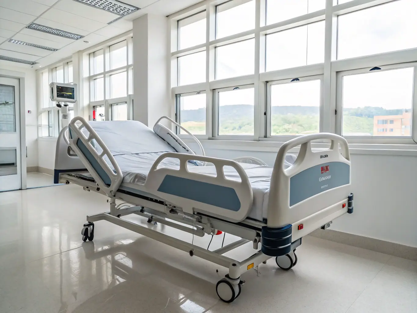 A serene image of a patient in a modern, well-equipped hospital room, receiving attentive care from a nurse.