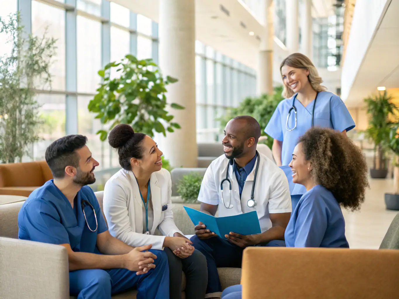 A diverse group of international patients smiling and interacting with medical staff, highlighting the warm and welcoming atmosphere of Ezahra Hospital Group.