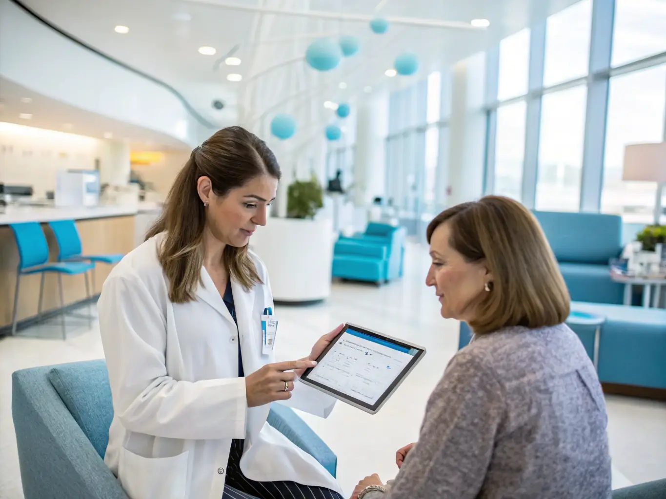A caring doctor is consulting with a patient, explaining a treatment plan with empathy and attention to detail, in a modern clinic setting.