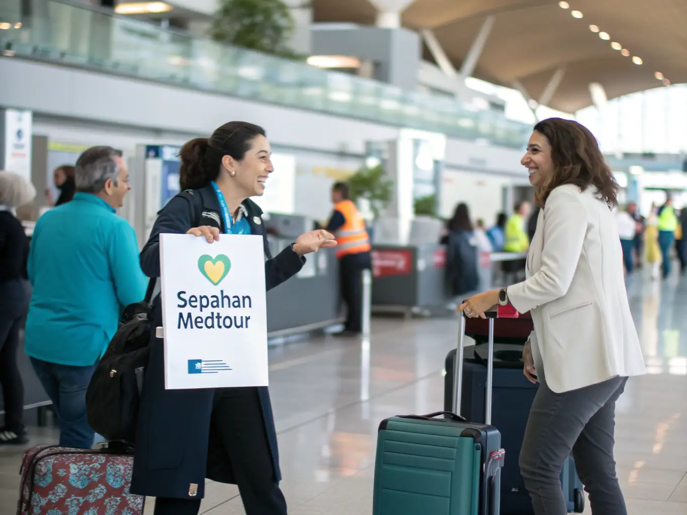 A welcoming image of a patient being greeted by a friendly Ezahra Hospital Group representative at the airport, symbolizing the start of their medical tourism journey.